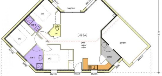 Plan de maison Surface terrain 83 m2 - 5 pièces - 3  chambres -  avec garage 