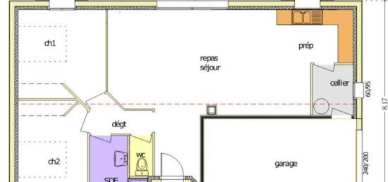 Plan de maison Surface terrain 75 m2 - 3 pièces - 2  chambres -  avec garage 