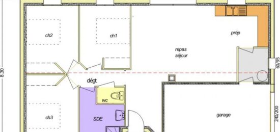 Plan de maison Surface terrain 75 m2 - 3 pièces - 3  chambres -  avec garage 