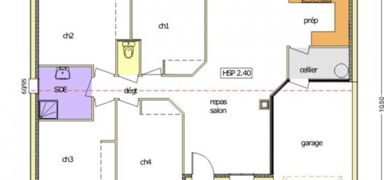 Plan de maison Surface terrain 72 m2 - 4 pièces - 4  chambres -  avec garage 
