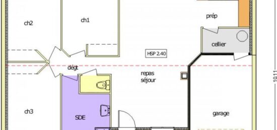 Plan de maison Surface terrain 72 m2 - 4 pièces - 3  chambres -  avec garage 