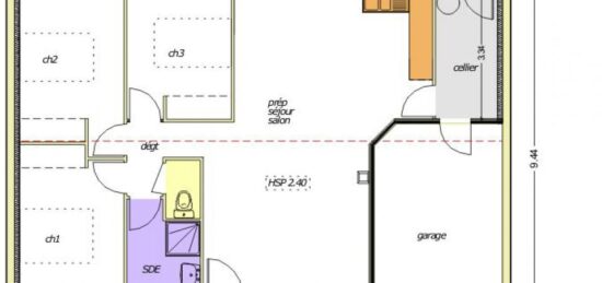 Plan de maison Surface terrain 79 m2 - 5 pièces - 3  chambres -  avec garage 