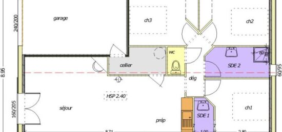 Plan de maison Surface terrain 65 m2 - 4 pièces - 3  chambres -  avec garage 