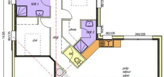 Plan de maison Surface terrain 90 m2 - 5 pièces - 4  chambres -  avec garage 
