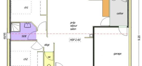Plan de maison Surface terrain 58 m2 - 2 pièces - 2  chambres -  avec garage 