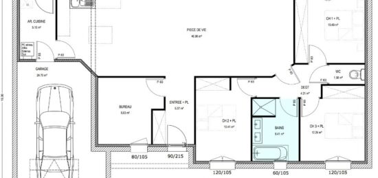 Plan de maison Surface terrain 100 m2 - 6 pièces - 3  chambres -  avec garage 