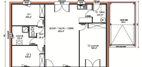 Plan de maison Surface terrain 84 m2 - 4 pièces - 3  chambres -  sans garage 