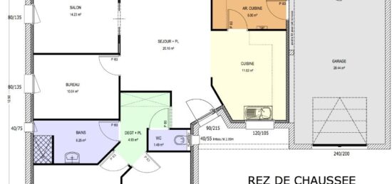 Plan de maison Surface terrain 95 m2 - 4 pièces - 3  chambres -  avec garage 