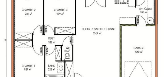 Plan de maison Surface terrain 76 m2 - 4 pièces - 3  chambres -  avec garage 