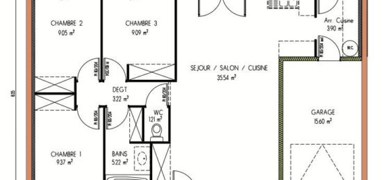 Plan de maison Surface terrain 76 m2 - 4 pièces - 3  chambres -  avec garage 