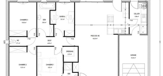 Plan de maison Surface terrain 101 m2 - 5 pièces - 3  chambres -  avec garage 