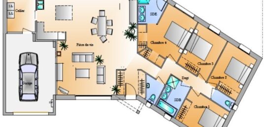 Plan de maison Surface terrain 136 m2 - 5 pièces - 4  chambres -  avec garage 