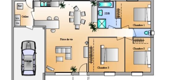 Plan de maison Surface terrain 85 m2 - 4 pièces - 3  chambres -  avec garage 