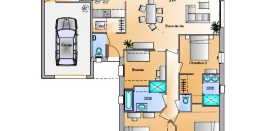 Plan de maison Surface terrain 106 m2 - 5 pièces - 3  chambres -  avec garage 