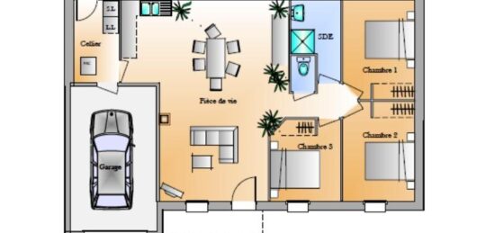 Plan de maison Surface terrain 77 m2 - 4 pièces - 3  chambres -  avec garage 