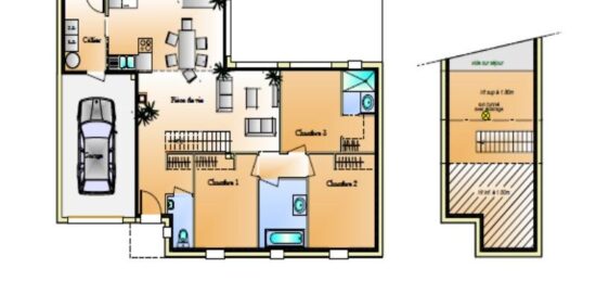 Plan de maison Surface terrain 96 m2 - 5 pièces - 3  chambres -  avec garage 