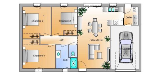 Plan de maison Surface terrain 80 m2 - 5 pièces - 2  chambres -  avec garage 