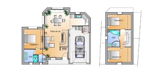 Plan de maison Surface terrain 87 m2 - 5 pièces - 3  chambres -  avec garage 