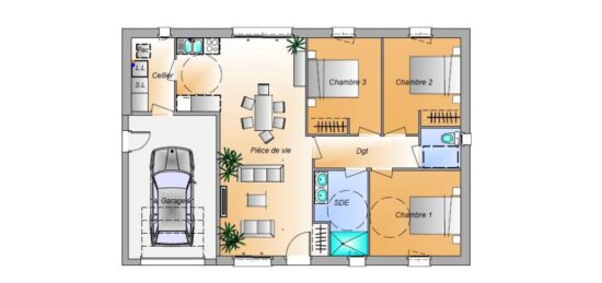 Plan de maison Surface terrain 79 m2 - 4 pièces - 3  chambres -  avec garage 