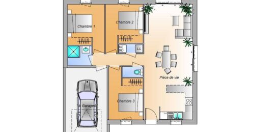 Plan de maison Surface terrain 72 m2 - 4 pièces - 3  chambres -  avec garage 