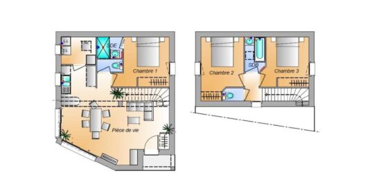 Plan de maison Surface terrain 75 m2 - 4 pièces - 3  chambres -  sans garage 