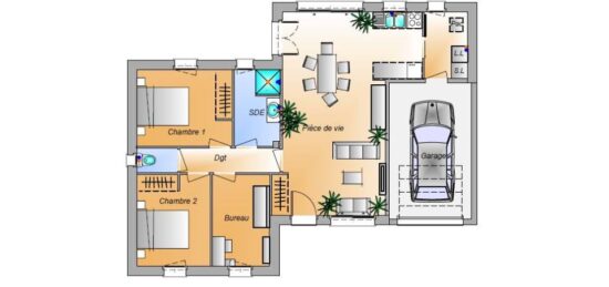 Plan de maison Surface terrain 71 m2 - 4 pièces - 2  chambres -  avec garage 