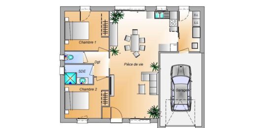 Plan de maison Surface terrain 72 m2 - 4 pièces - 2  chambres -  avec garage 