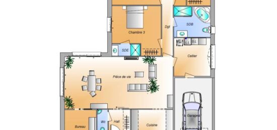 Plan de maison Surface terrain 136 m2 - 6 pièces - 3  chambres -  avec garage 