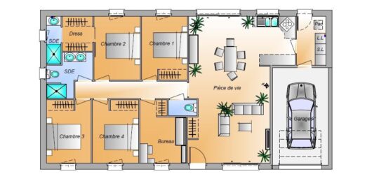 Plan de maison Surface terrain 106 m2 - 6 pièces - 4  chambres -  avec garage 