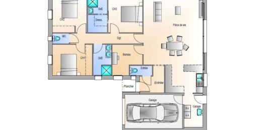 Plan de maison Surface terrain 107 m2 - 5 pièces - 4  chambres -  avec garage 