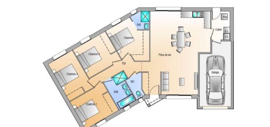 Plan de maison Surface terrain 105 m2 - 5 pièces - 4  chambres -  avec garage 