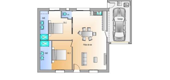Plan de maison Surface terrain 71 m2 - 3 pièces - 2  chambres -  avec garage 