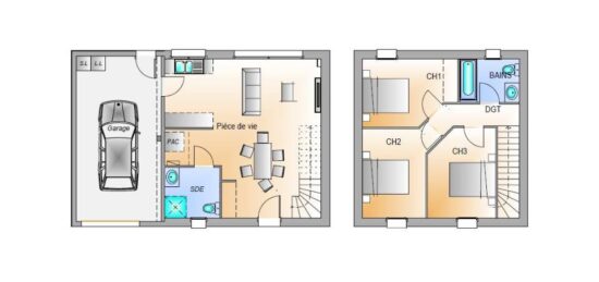 Plan de maison Surface terrain 79 m2 - 5 pièces - 3  chambres -  avec garage 