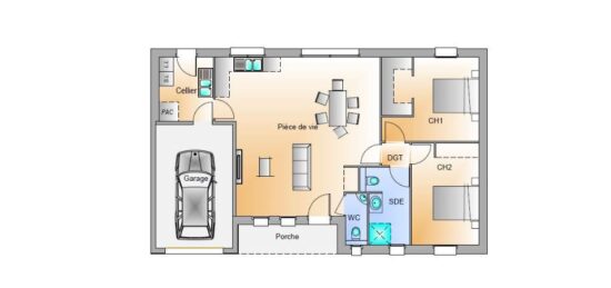 Plan de maison Surface terrain 80 m2 - 4 pièces - 2  chambres -  avec garage 