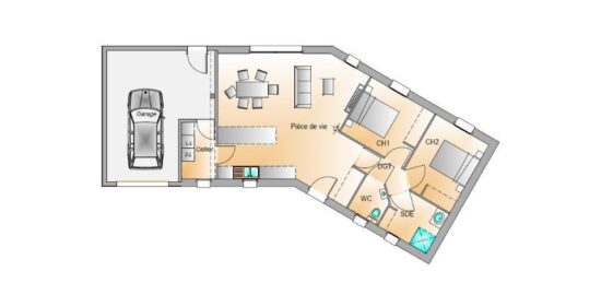 Plan de maison Surface terrain 70 m2 - 4 pièces - 2  chambres -  avec garage 