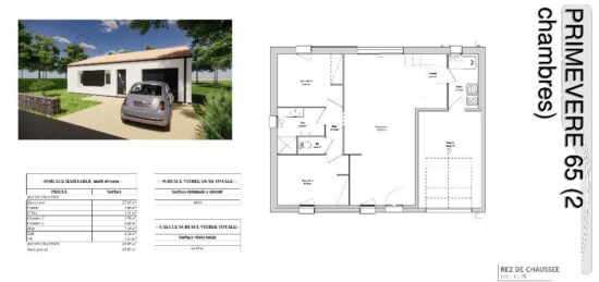 Plan de maison Surface terrain 62 m2 - 3 pièces - 2  chambres -  avec garage 