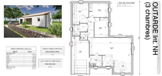 Plan de maison Surface terrain 93 m2 - 4 pièces - 3  chambres -  avec garage 