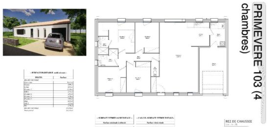 Plan de maison Surface terrain 103 m2 - 5 pièces - 4  chambres -  avec garage 