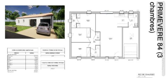 Plan de maison Surface terrain 84 m2 - 4 pièces - 3  chambres -  avec garage 