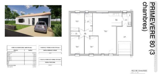 Plan de maison Surface terrain 80 m2 - 4 pièces - 3  chambres -  avec garage 