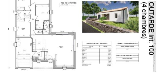 Plan de maison Surface terrain 100 m2 - 6 pièces - 4  chambres -  avec garage 