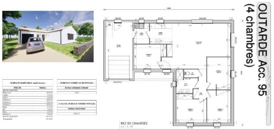 Plan de maison Surface terrain 95 m2 - 5 pièces - 4  chambres -  avec garage 