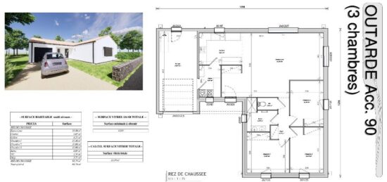 Plan de maison Surface terrain 90 m2 - 4 pièces - 3  chambres -  avec garage 