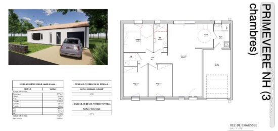 Plan de maison Surface terrain 80 m2 - 4 pièces - 3  chambres -  avec garage 