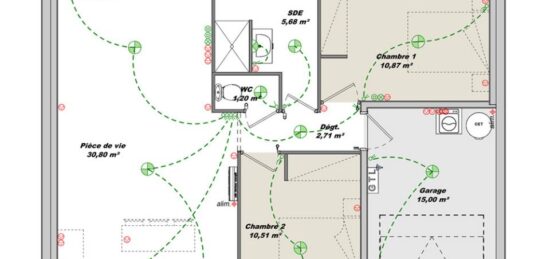 Plan de maison Surface terrain 62 m2 - 3 pièces - 2  chambres -  avec garage 